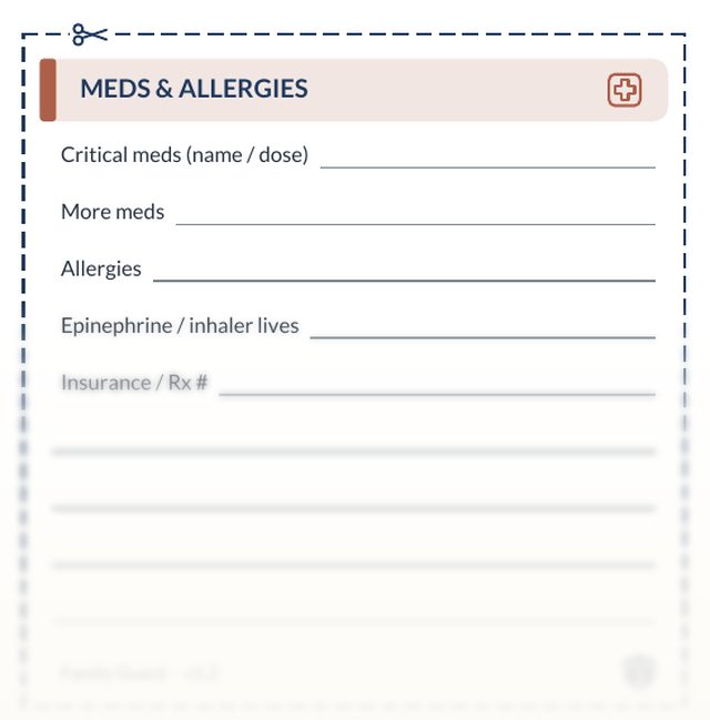 Sample from the Family Guard binder: the Meds and Allergies pocket card with lines for critical medicines and allergies and a dashed cutting border, with the lower half faded
