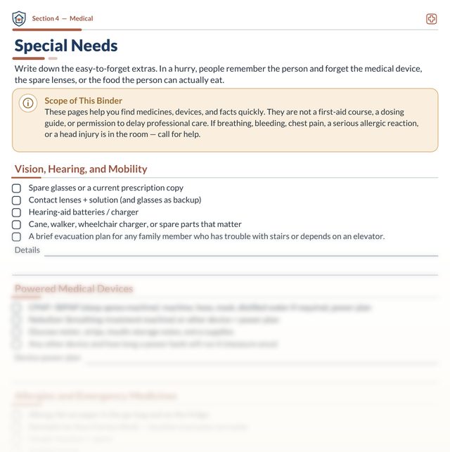 Sample page from the Family Guard binder: the Special Needs medical page with vision, hearing and mobility checkboxes, with the powered devices and allergies sections faded