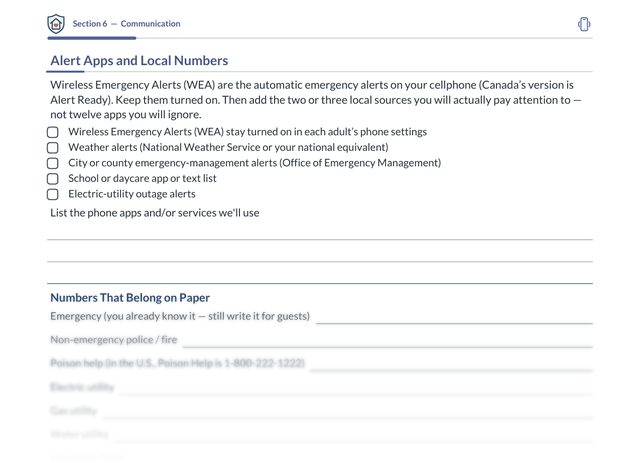Sample page from the Family Guard binder: Alert Apps and Local Numbers, with alert checkboxes, and the numbers list faded