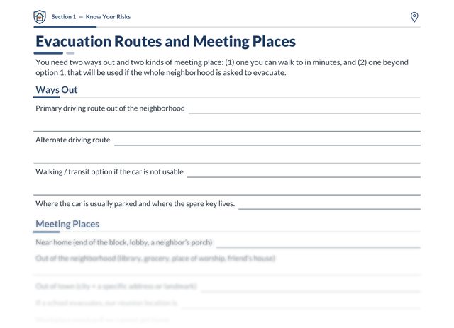 Sample page from the Family Guard binder: Evacuation Routes and Meeting Places, with lines for driving and walking routes, and the meeting places section faded