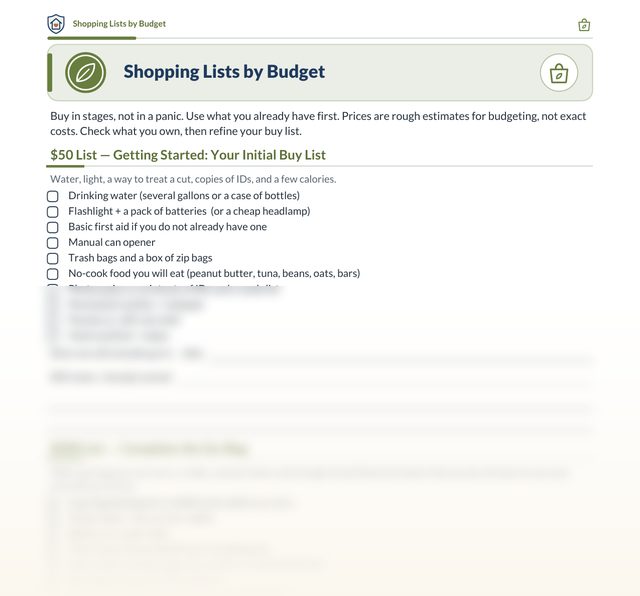 Sample page from the Family Guard binder: Shopping Lists by Budget, showing the start of the $50 getting-started list, with the lower half faded